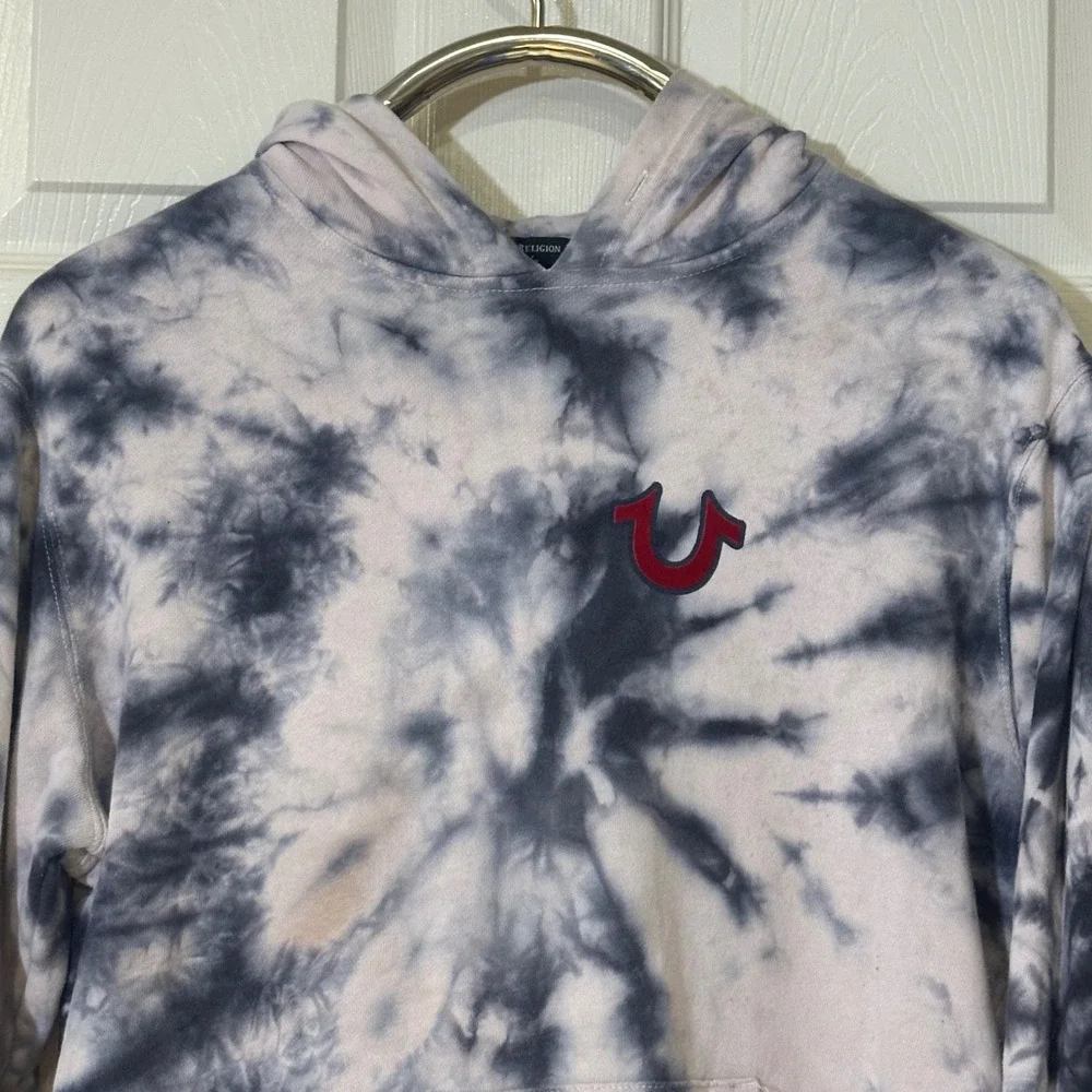 True Religion Mens Tie Dye Hoodie Grey White Buddha Guitar Logo Sweatshirt L